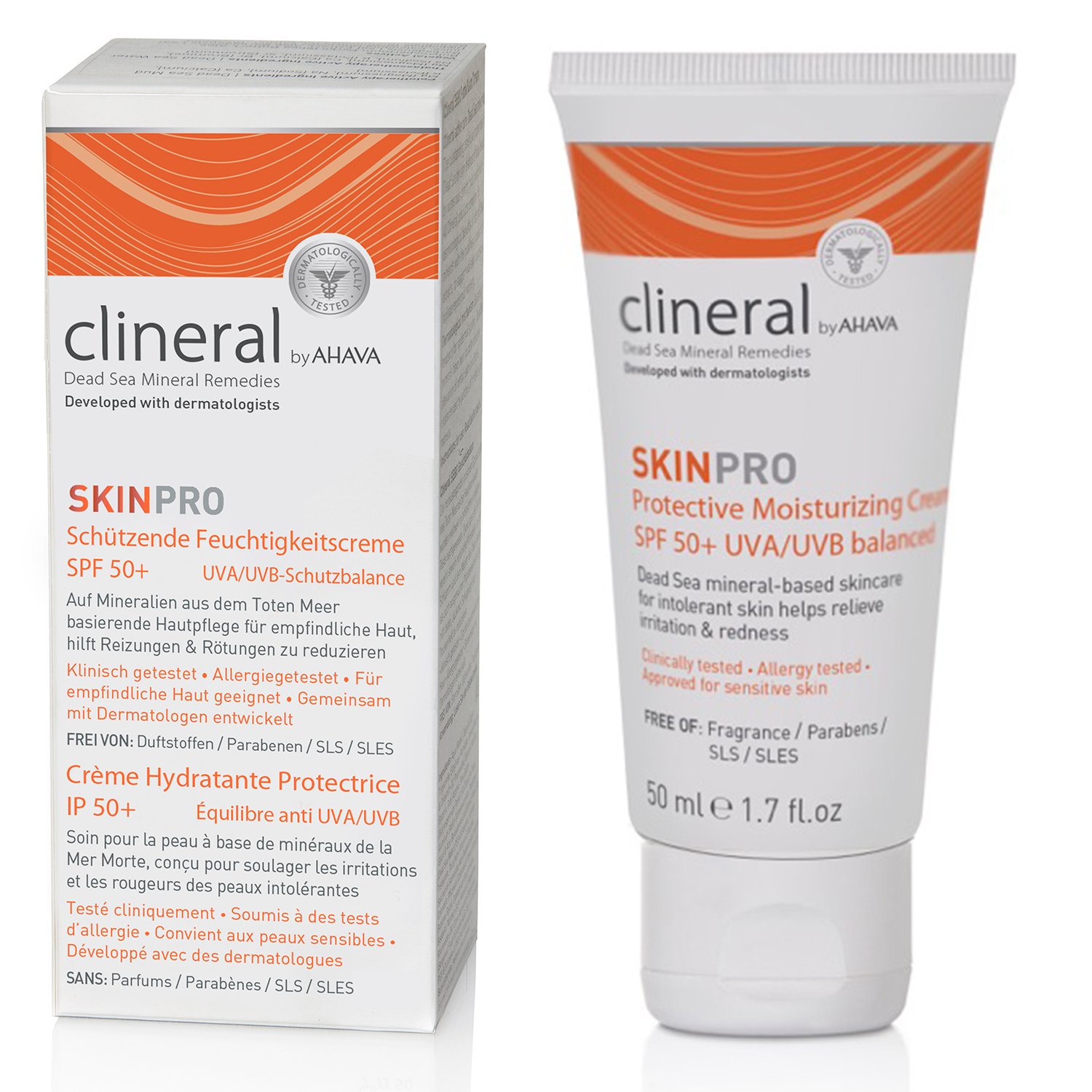 Clineral by AHAVA SKINPRO Schützende Feuchtigkeitscreme SPF 50+, 50 ml Tube und Verpackung.