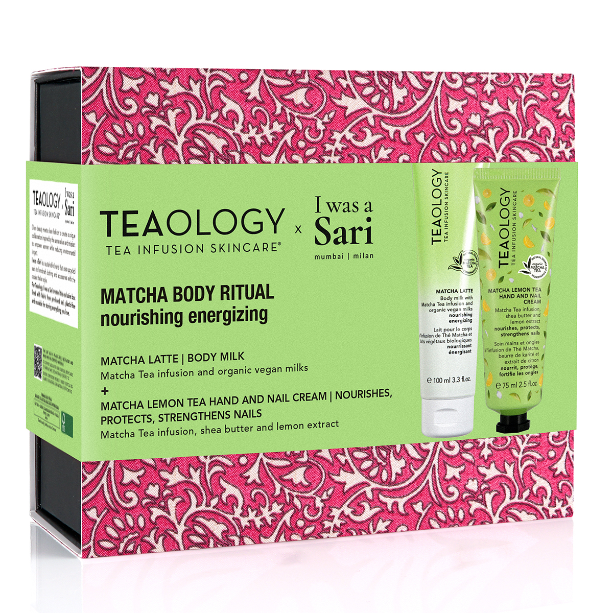 Tealogy Matcha Body Ritual Set mit Body Milk und Handcreme, rosa Verpackung mit weißem und grünem Text.