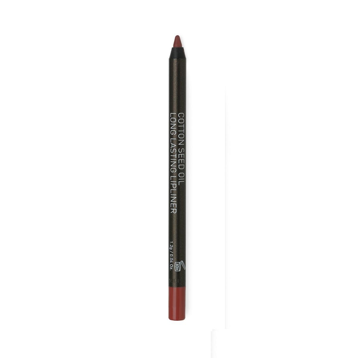 Ein langanhaltender Lippenkonturenstift mit Baumwollsamenöl in dunkelroter Farbe.