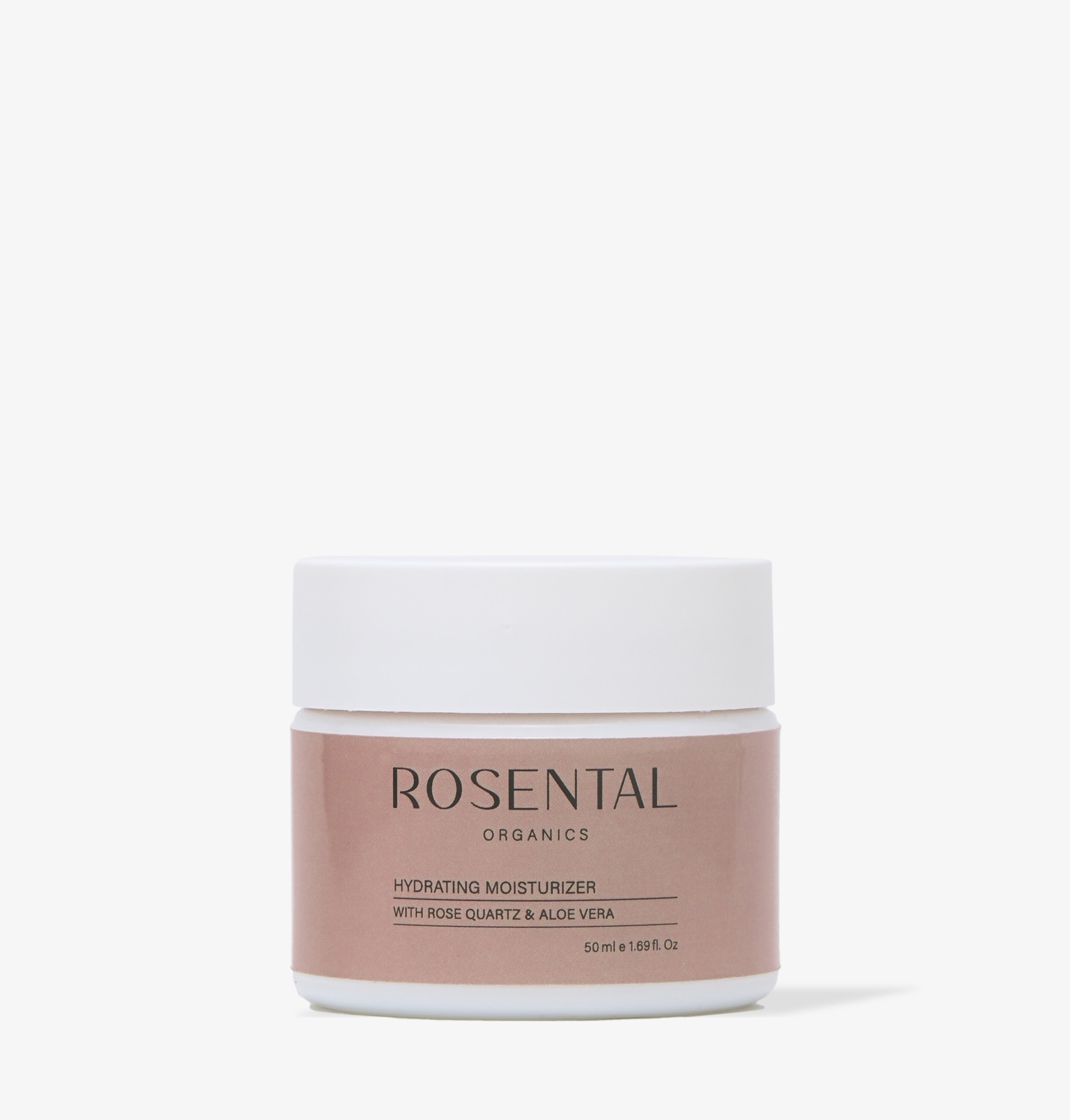 Rosental Organics Feuchtigkeitscreme mit Rosenquarz und Aloe Vera in einem weißen Tiegel mit rosa Etikett, 50 ml.