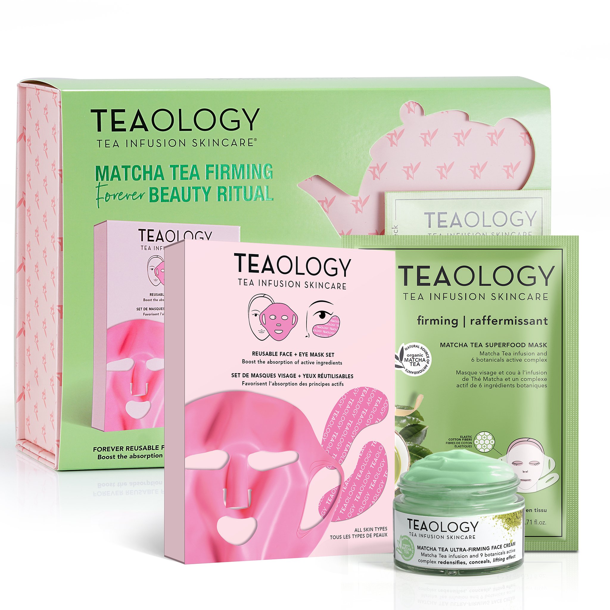TEAOLOGY Matcha Tea Firming Beauty Ritual Set mit Gesichtsmaske, Augenmaske, Superfood-Maske und Creme.