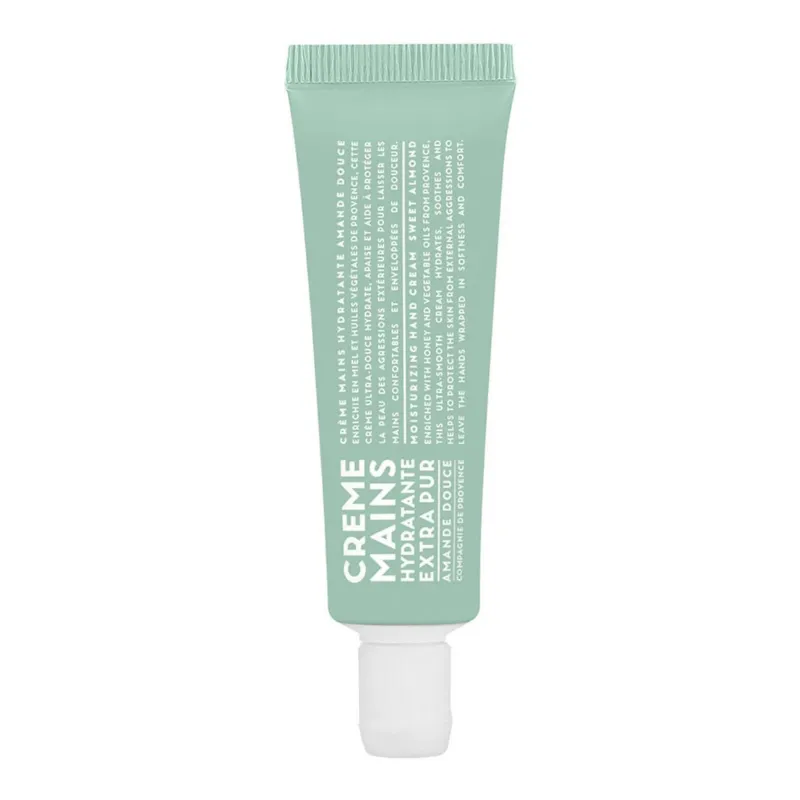 Grüne Tube Handcreme 30ml mit süßem Mandelduft, weiße Schrift auf der Vorderseite.