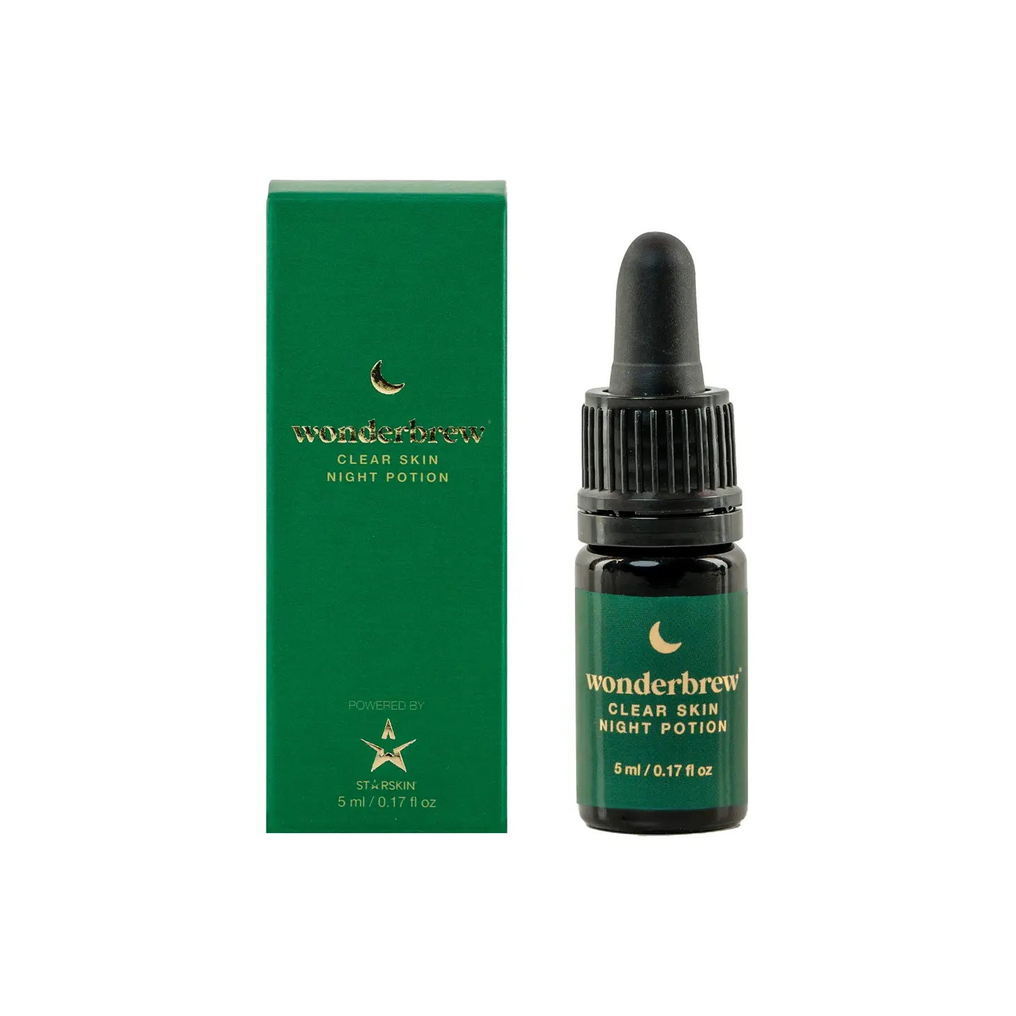 Grüne Verpackung und Flasche von Wonderbrew Clear Skin Night Potion, 5 ml.