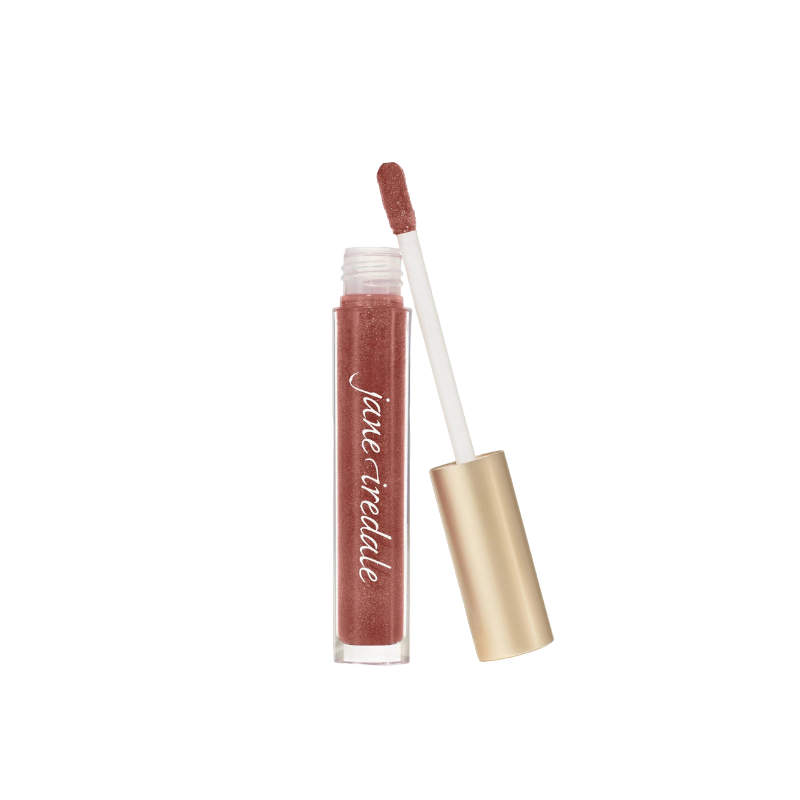 HydroPure Hyaluronic Lip Gloss in Sangria von Jane Iredale, geöffnete Tube mit Applikator und goldener Kappe.