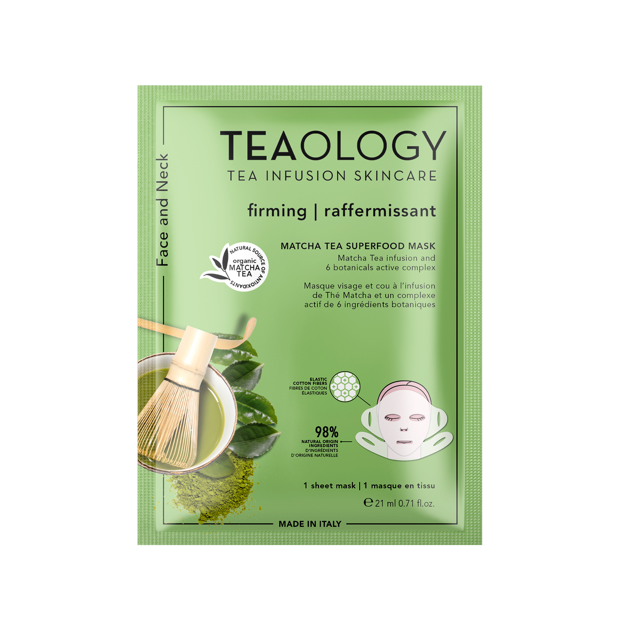 Verpackung der TEAOLOGY Matcha Tea Superfood Maske, grün, 21 ml, für Gesicht und Hals, festigend, mit botanischen Extrakten.