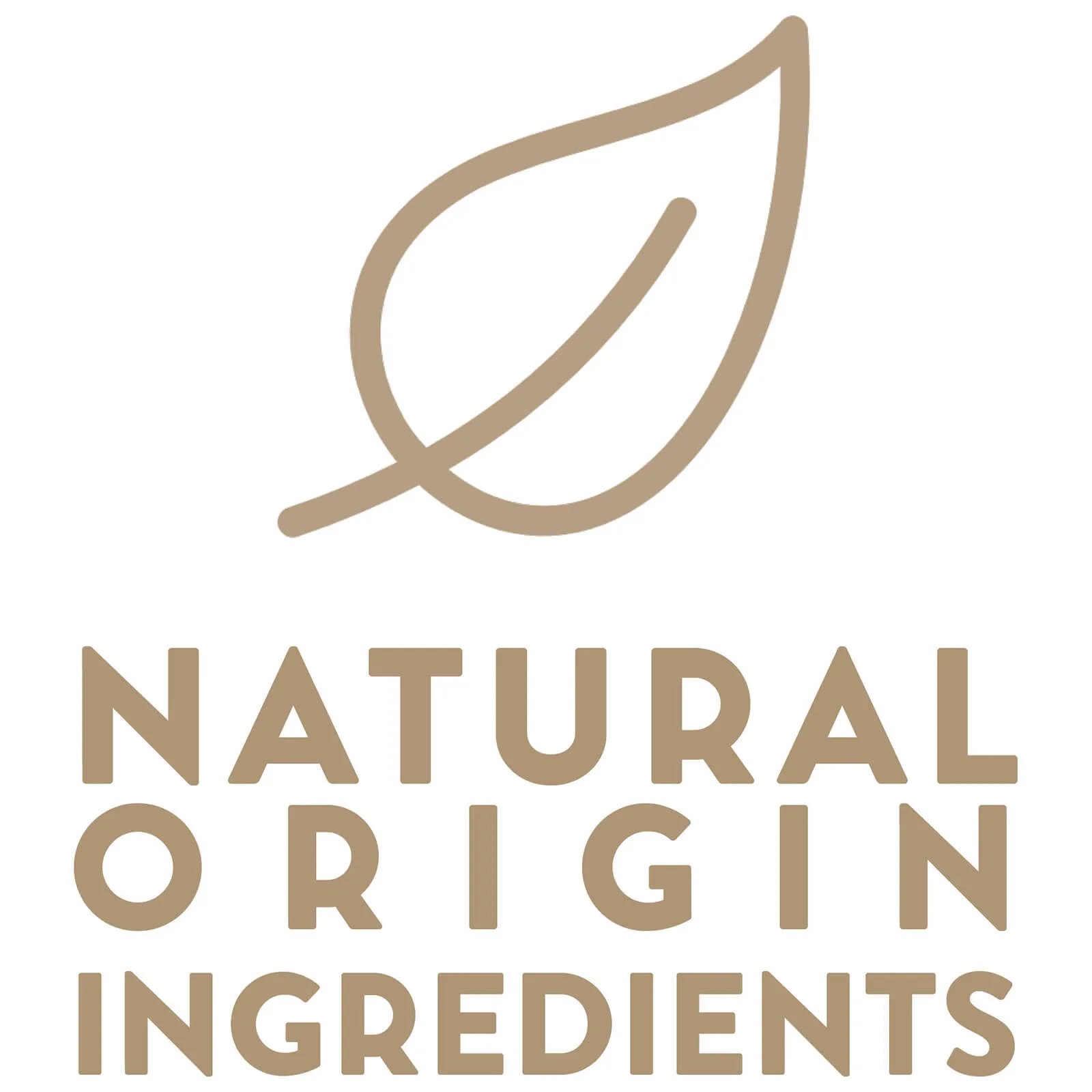 Logo mit Blatt-Symbol und Text 'Natural Origin Ingredients' in beige.