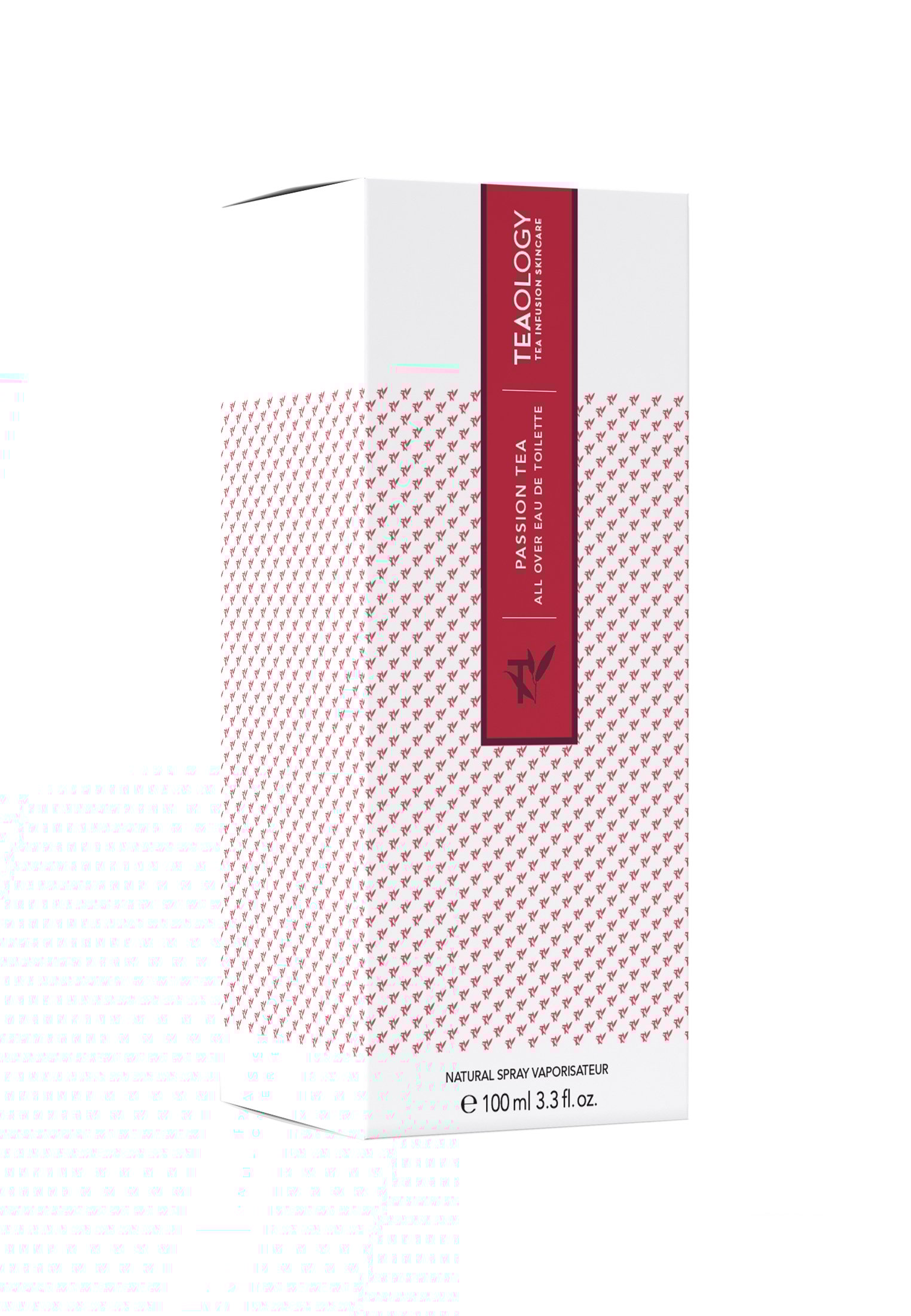 Tealogy Passion Eau de Toilette 100 ml Verpackung mit weißem Hintergrund und rotem Muster.