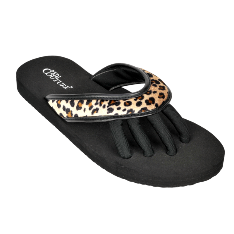 Schwarze Pediküre-Sandale mit Leopardenmuster und Zehentrennern.