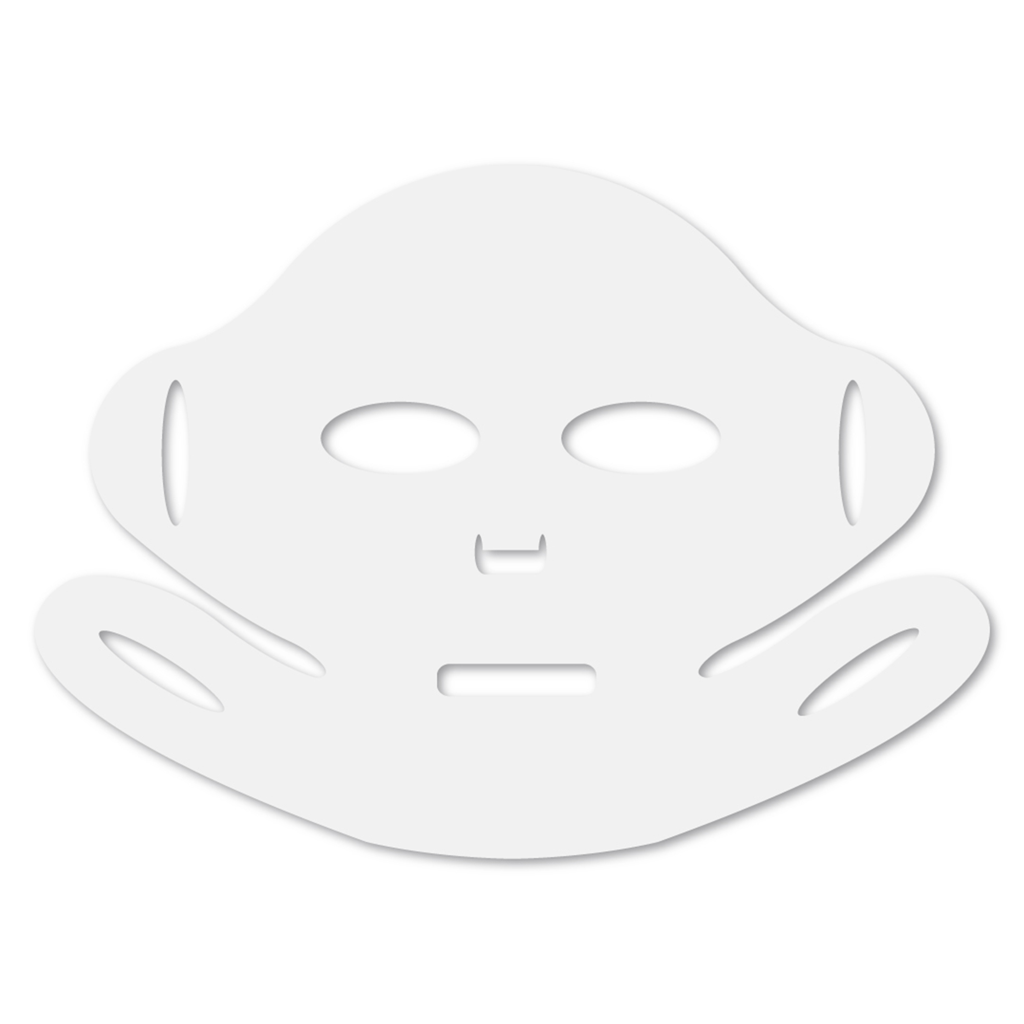 Weiße Hyaluron-Maske in Form eines Gesichts mit Aussparungen für Augen, Nase und Mund.