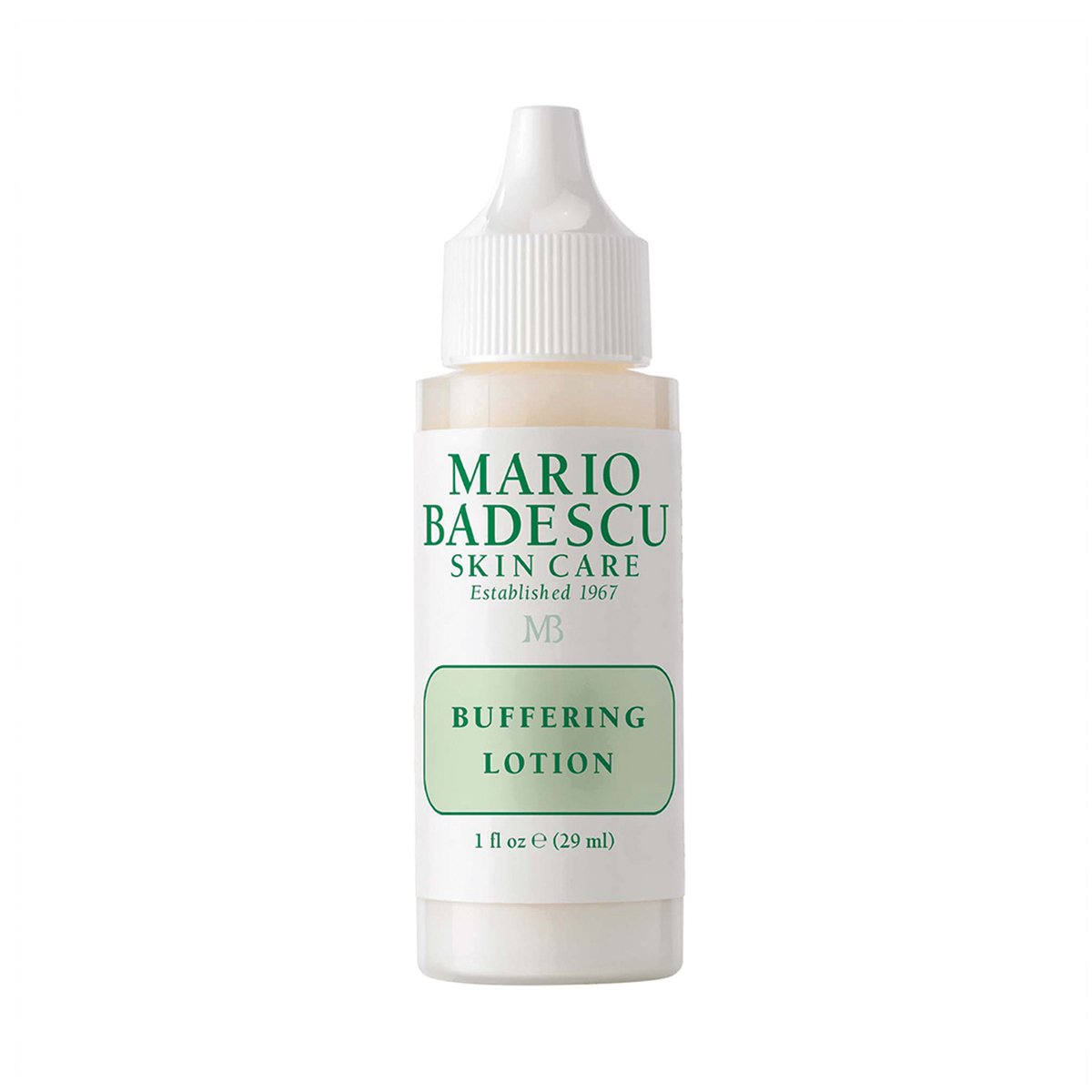 Flasche Mario Badescu Buffering Lotion auf weißem Hintergrund.