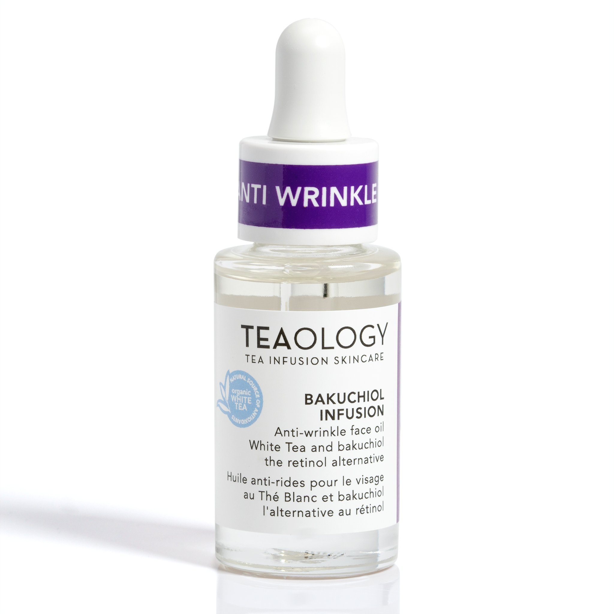 Flasche mit Bakuchiol-Infusion von Teaology, Anti-Falten-Gesichtsöl mit weißem Tee und Bakuchiol, Alternative zu Retinol.