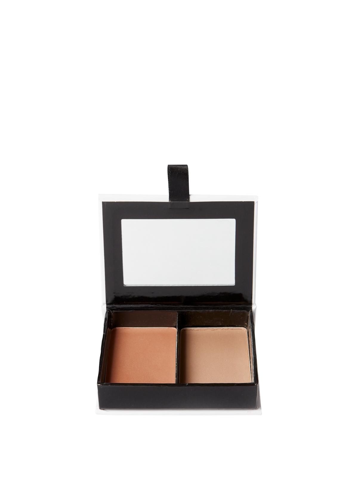 Offene schwarze Make-up-Palette mit zwei verschiedenen Farbtönen.