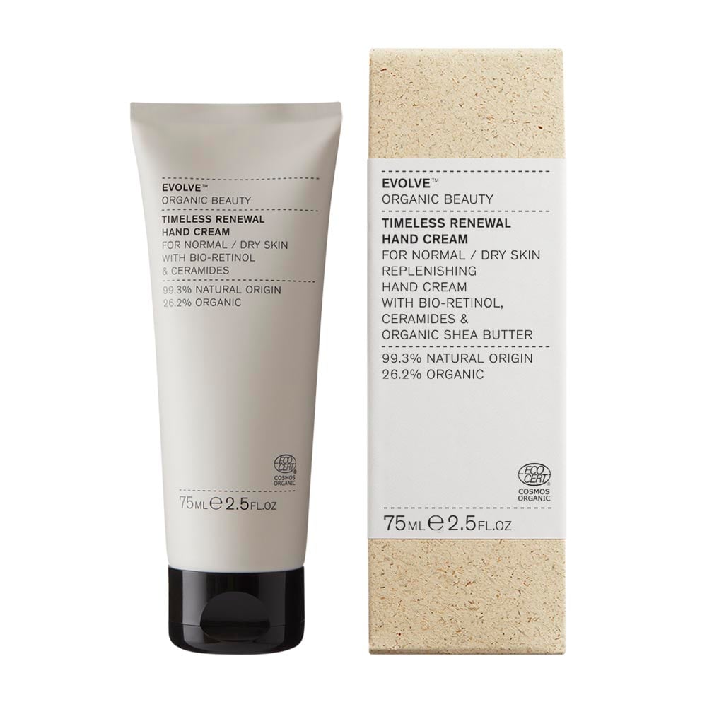 Timeless Renewal Hand Cream 75ml von Evolve Organic Beauty, Verpackung und Tube auf weißem Hintergrund.