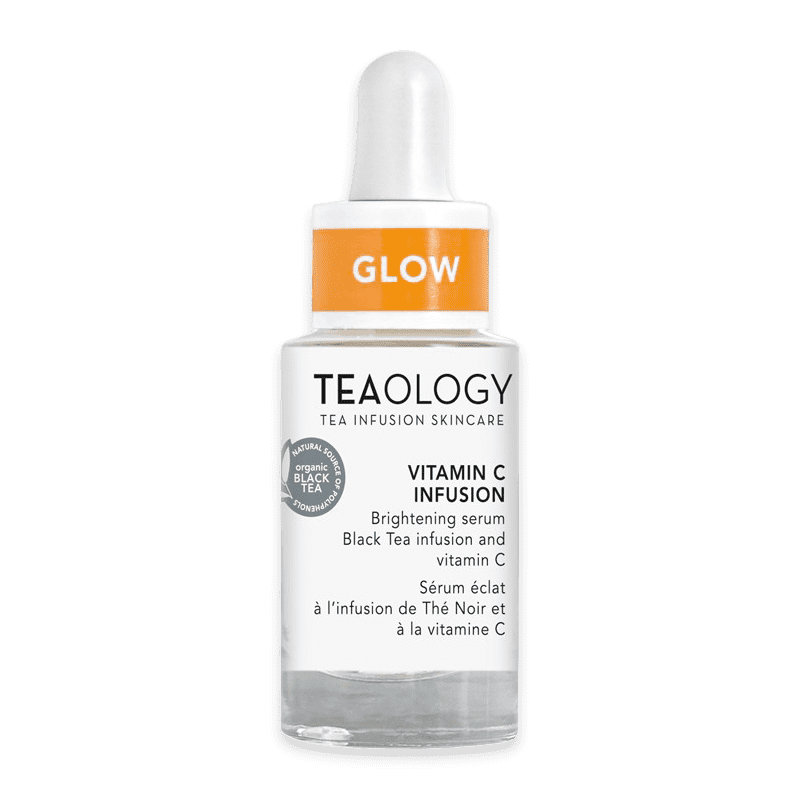 Flasche Teaology Vitamin C Infusion Serum mit Pipette und orangefarbenem Etikett 'GLOW'.
