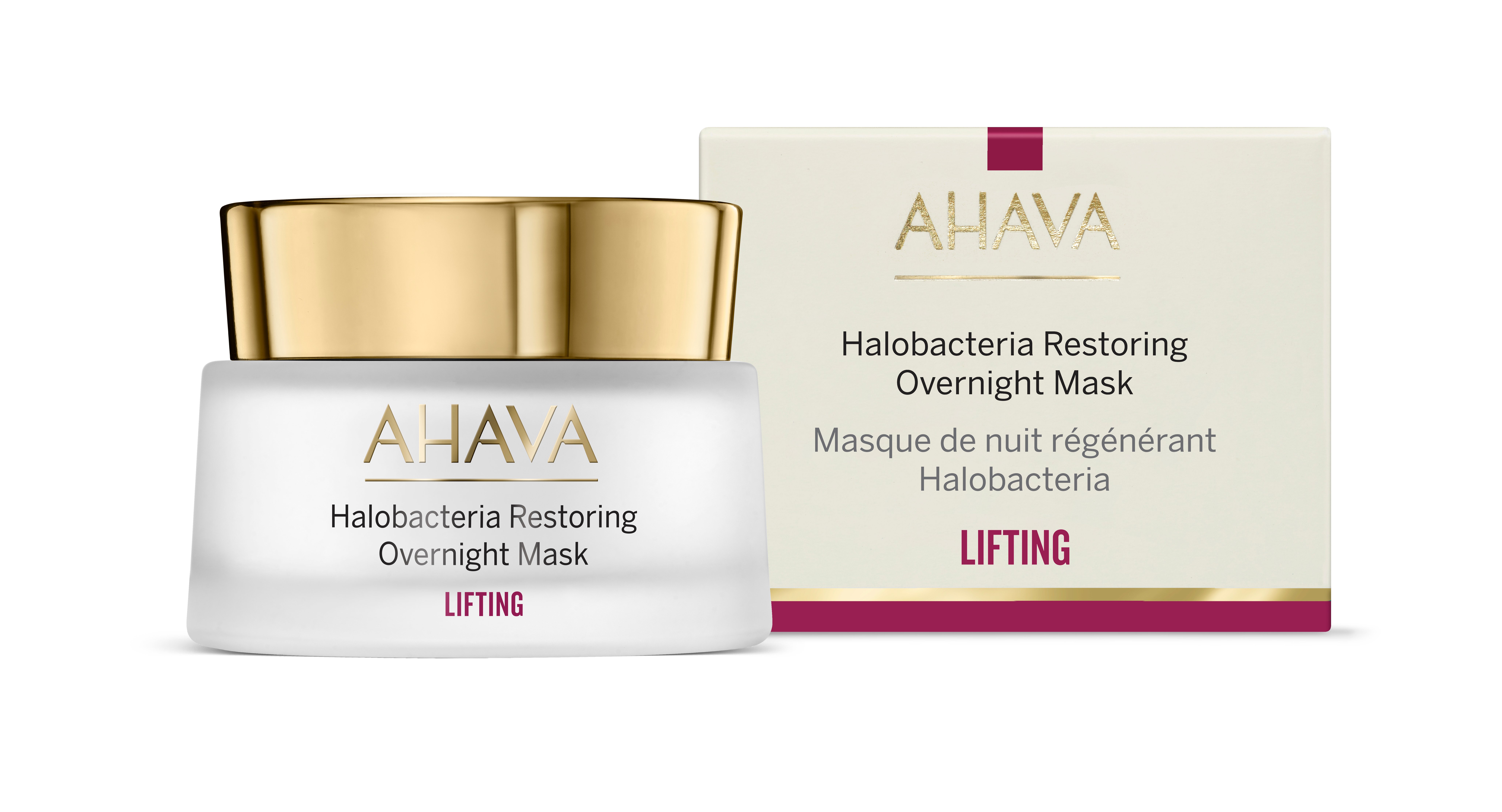 AHAVA Halobacteria Restoring Overnight Mask in weißem Tiegel mit goldfarbenem Deckel und Verpackung im Hintergrund.