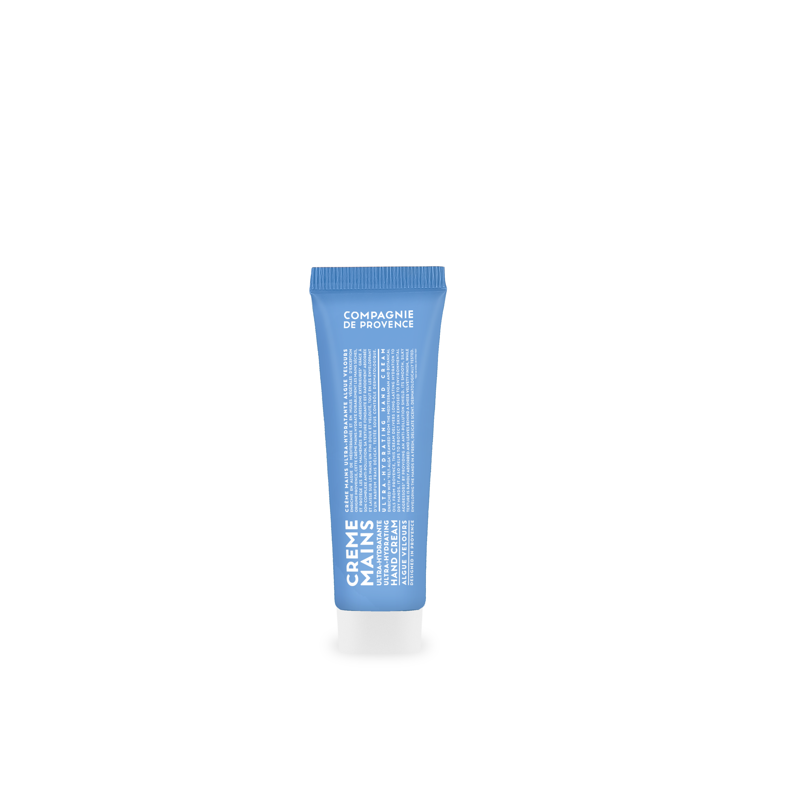 Eine blaue Tube Handcreme von Compagnie de Provence, 30 ml, Algue Velours.