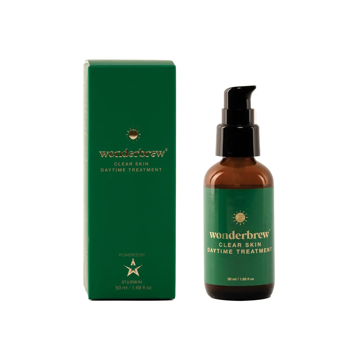 Flasche und Verpackung von Wonderbrew Clear Skin Daytime Treatment, 50 ml.