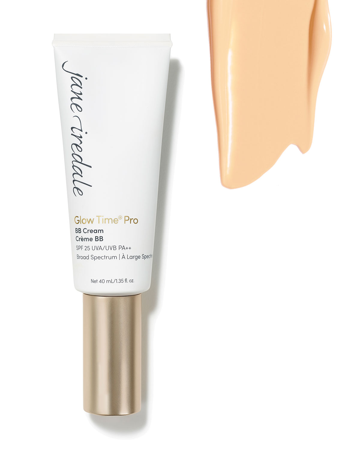 Jane Iredale Glow Time Pro BB Cream GT2, SPF 25, 40 ml, Tube und Creme auf weißem Hintergrund.