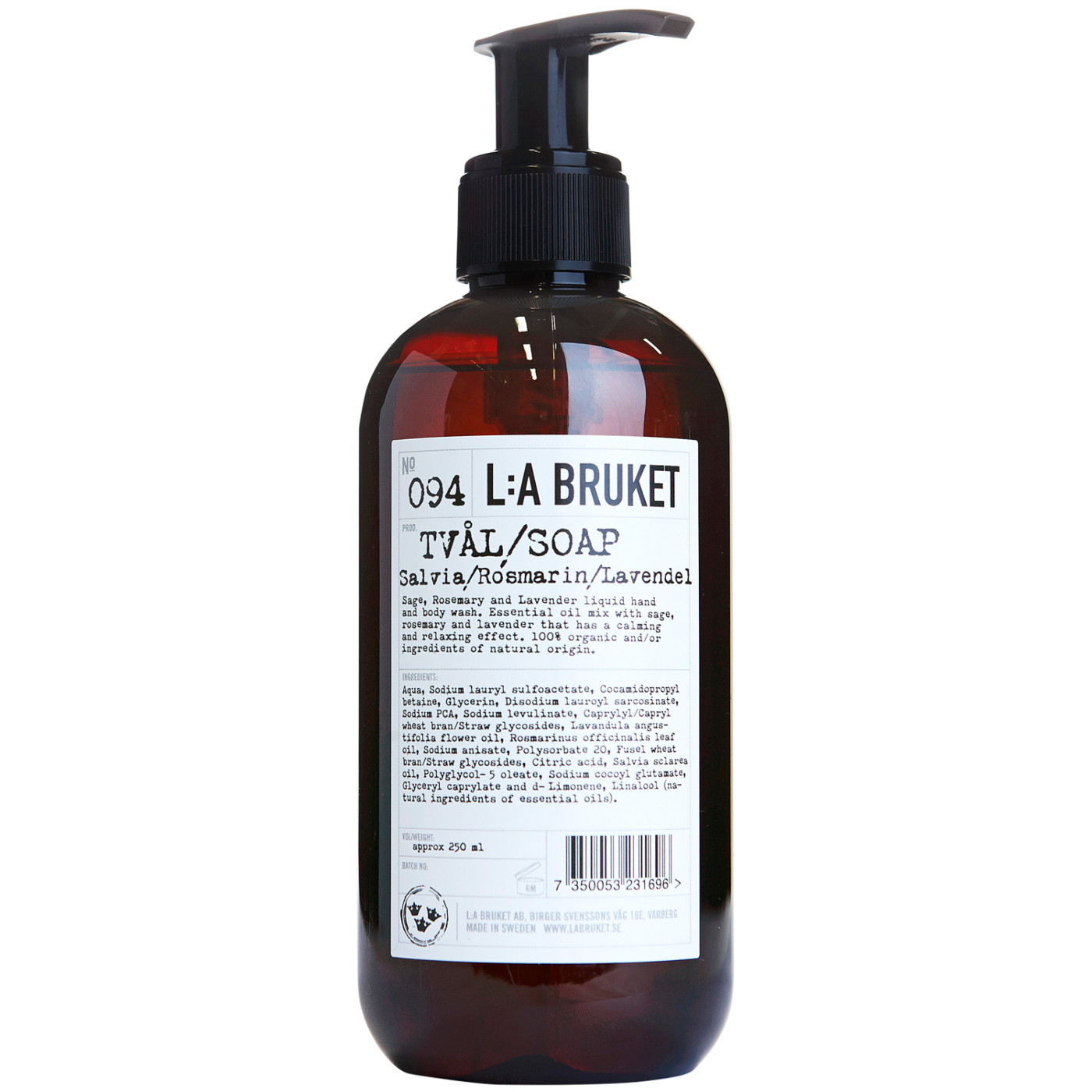 L:A BRUKET No. 094 Hand & Body Wash Sage/Rosemary/Lavender tamaño de viaje