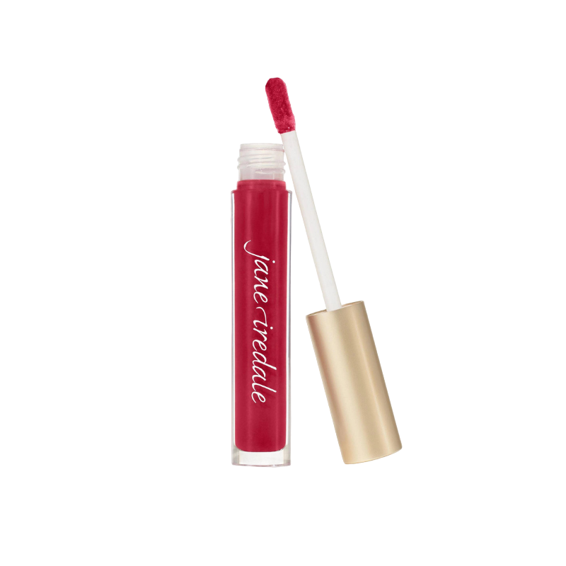 HydroPure Hyaluronic Lip Gloss in Berry Red mit geöffnetem Applikator und goldener Kappe.