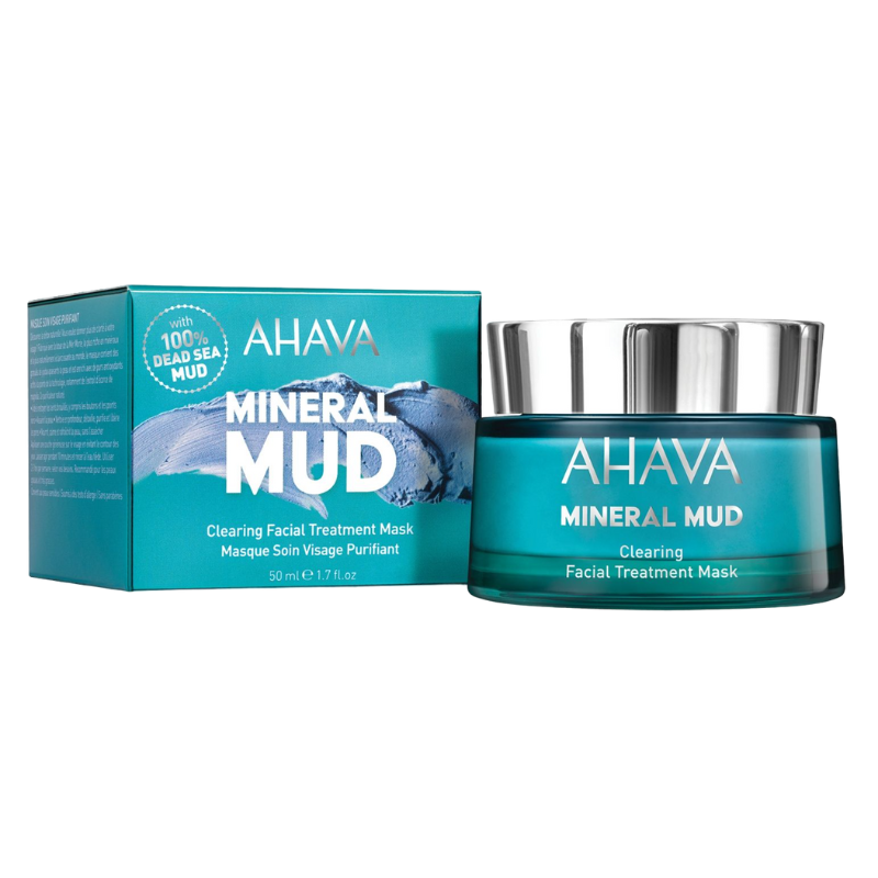 AHAVA Mineral Mud Clearing Facial Treatment Mask, Produktbild mit Verpackung und Tiegel, 50 ml.