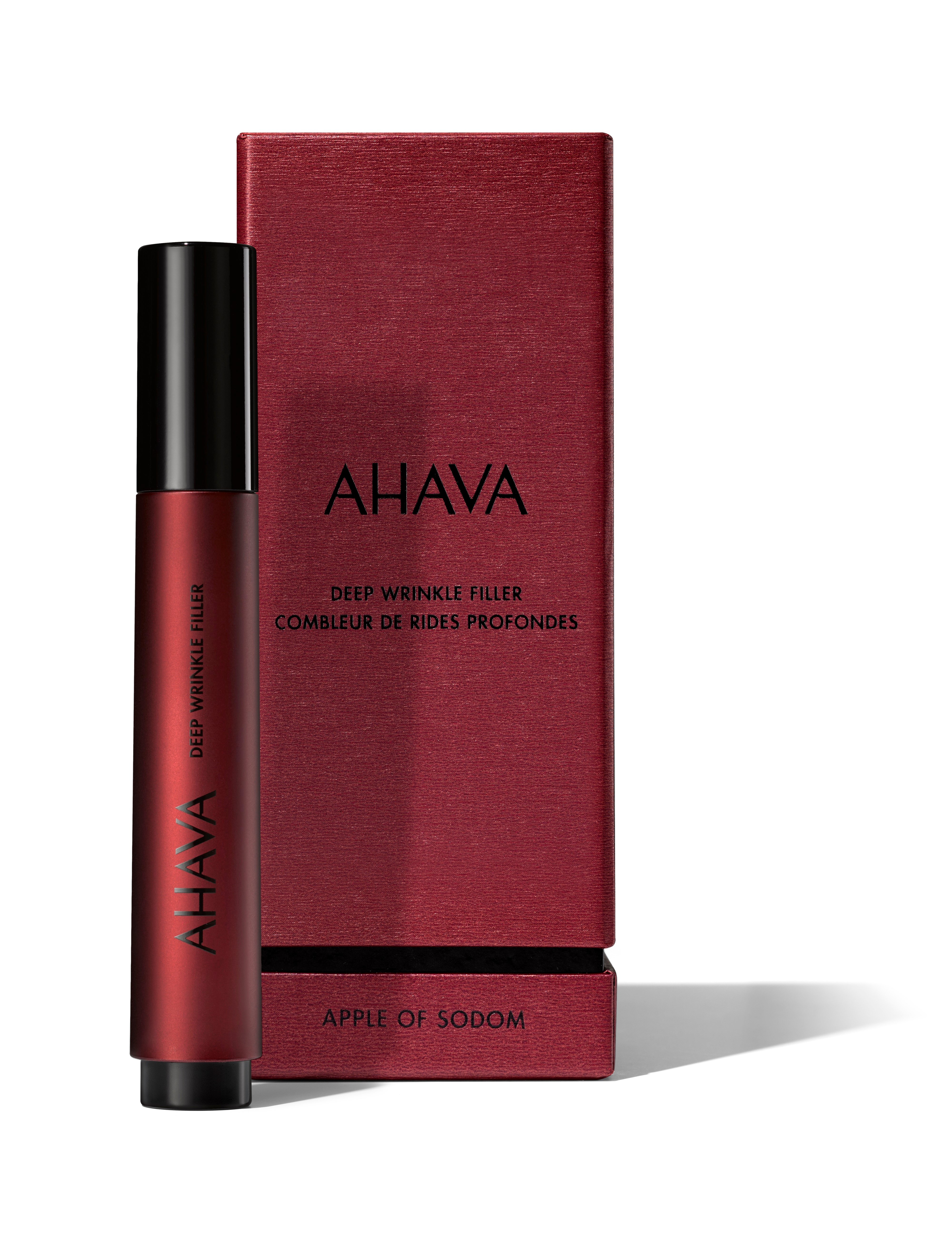 AHAVA Deep Wrinkle Filler, rotes Fläschchen und Verpackung, Produkt zur Faltenreduktion.