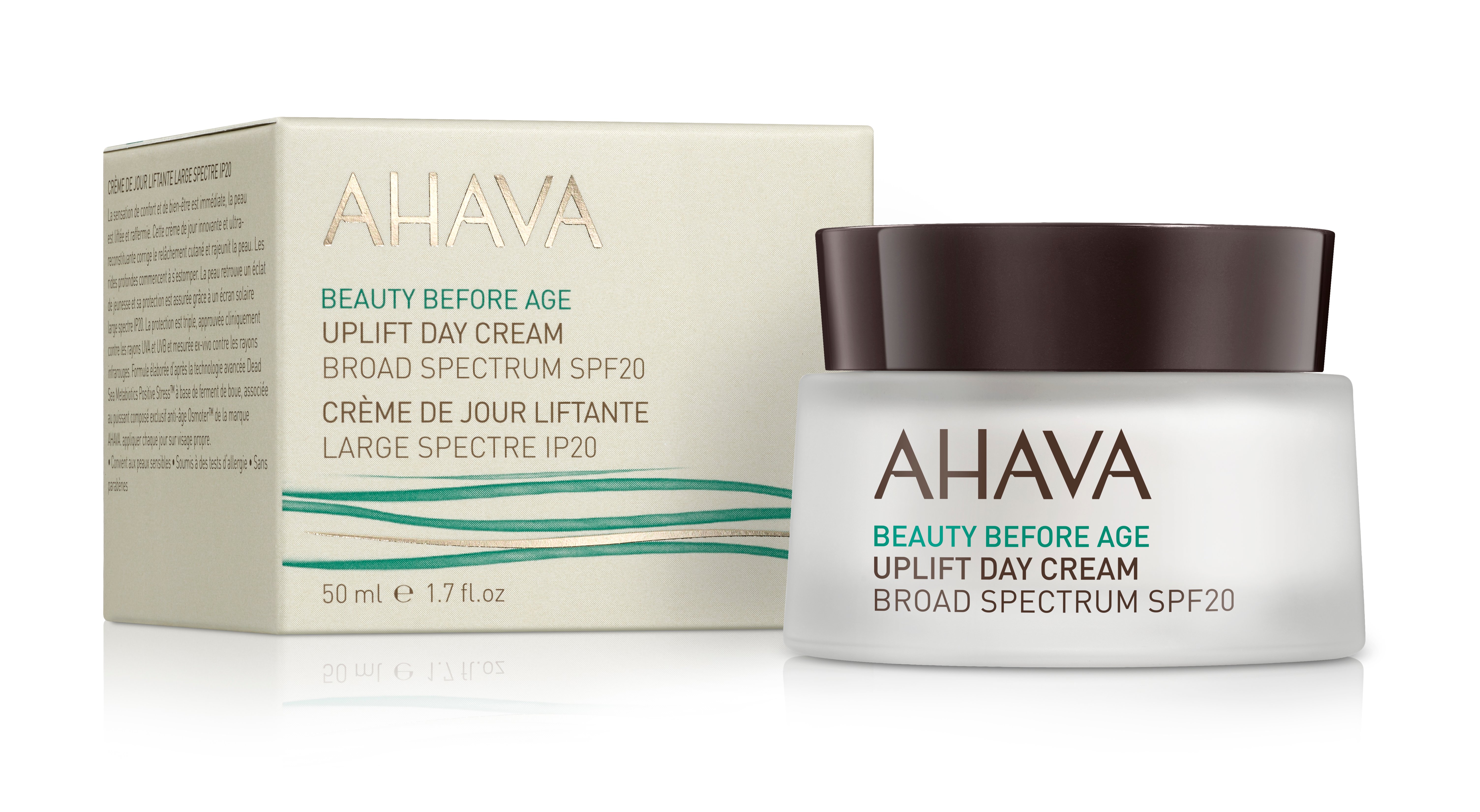 AHAVA Uplift Day Cream SPF 20, 50 ml, in weißem Tiegel mit braunem Deckel, neben der Produktverpackung.