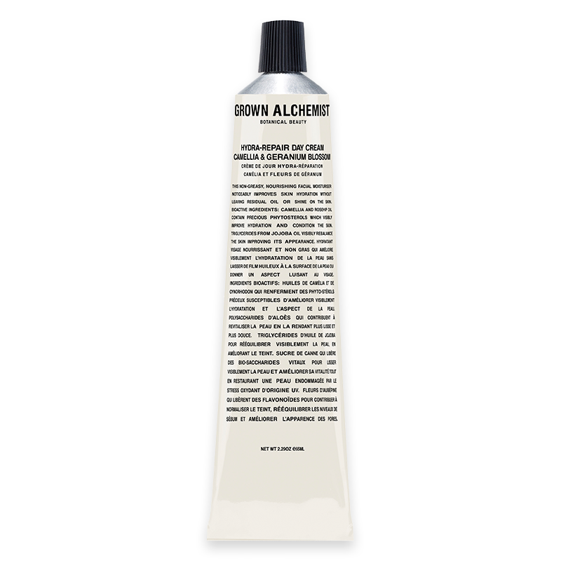 Grown Alchemist Hydra-Repair Day Cream 65mL in einer weißen Tube mit schwarzem Deckel und schwarzer Schrift.