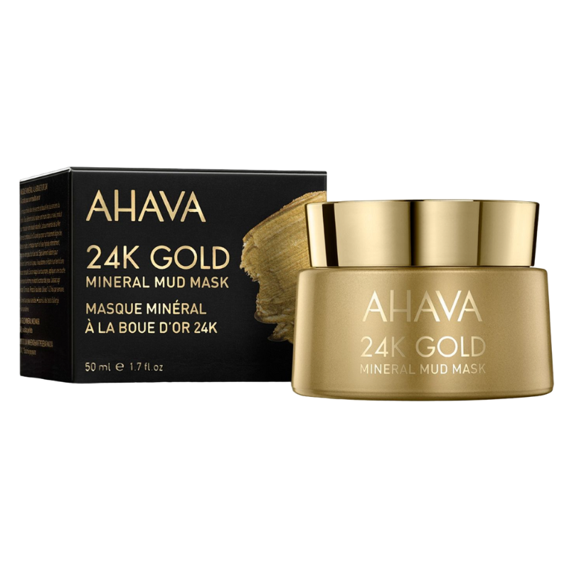 AHAVA 24K Gold Mineral Mud Mask, 50 ml, in goldener Verpackung mit schwarzem Karton.