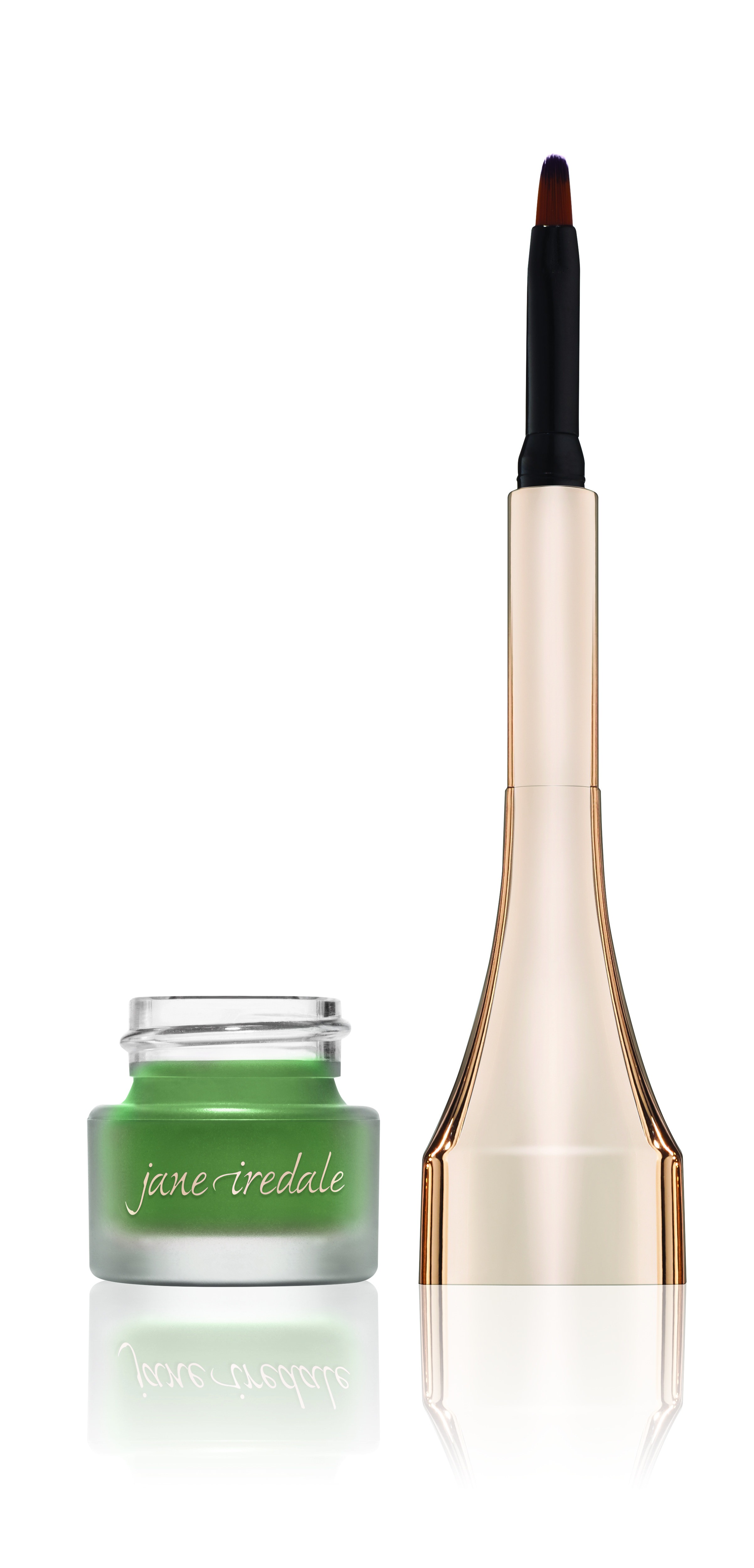 Jane Iredale Mystikol Eyeliner in Emerald mit Pinsel, auf weißem Hintergrund.