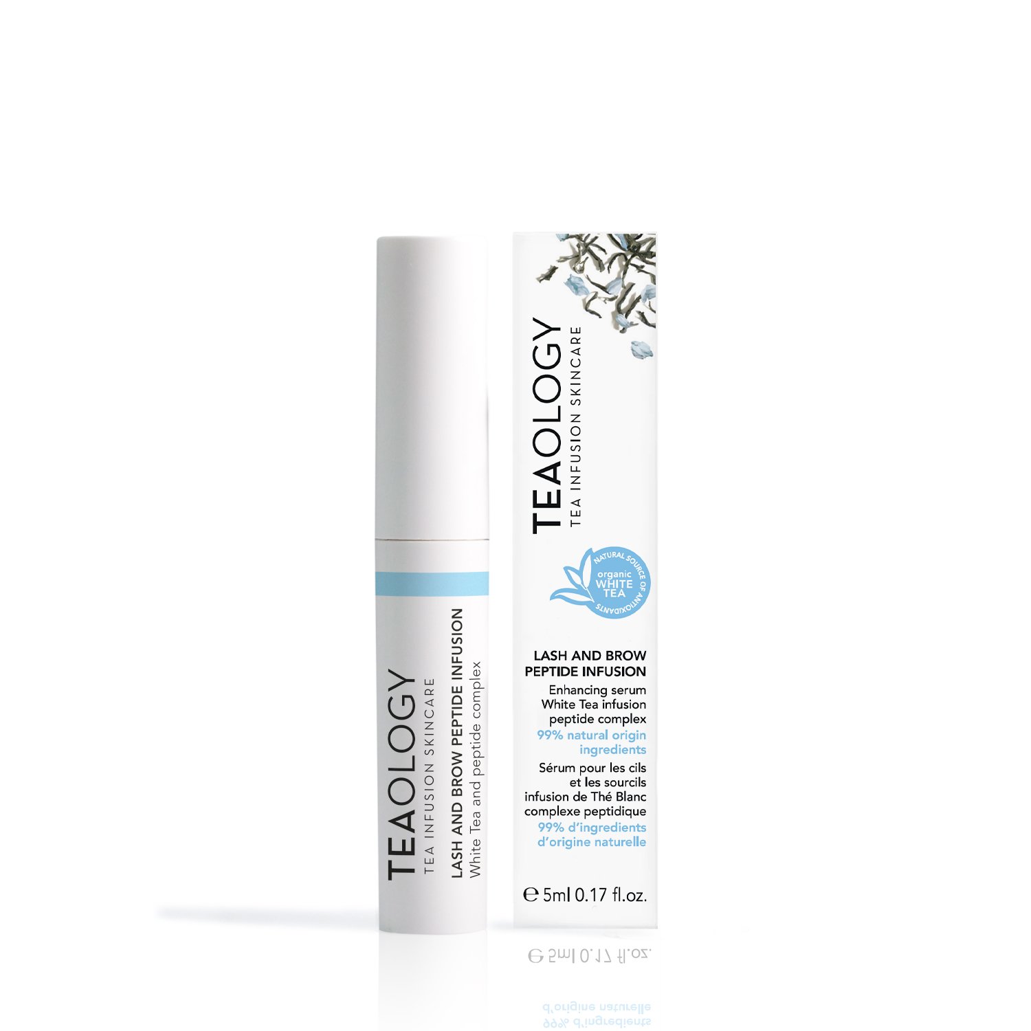 TEAOLOGY Wimpern- und Augenbrauen-Serum, 5ml, Verpackung und Flasche, weißer Hintergrund.