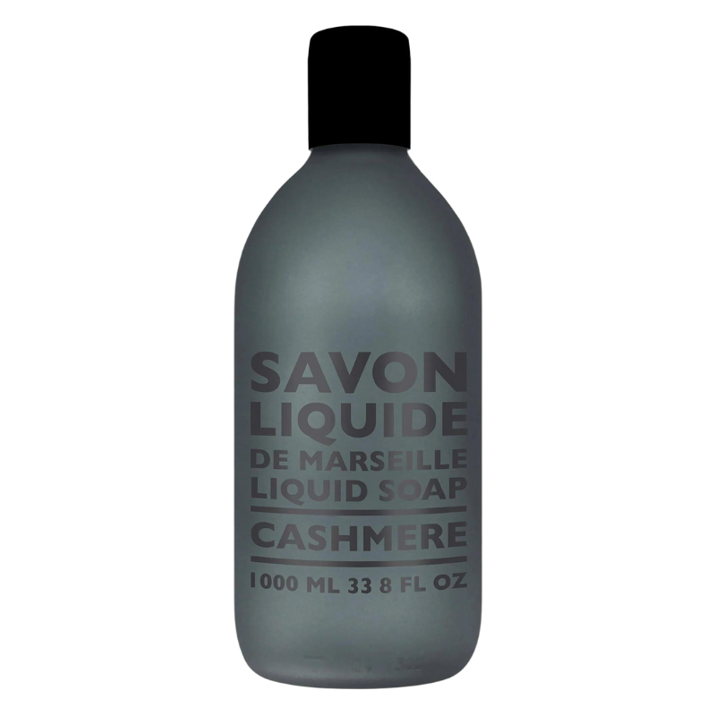 Flasche mit 1L Flüssigseife aus Marseille, Duft Cashmere, graues Etikett, schwarze Kappe.