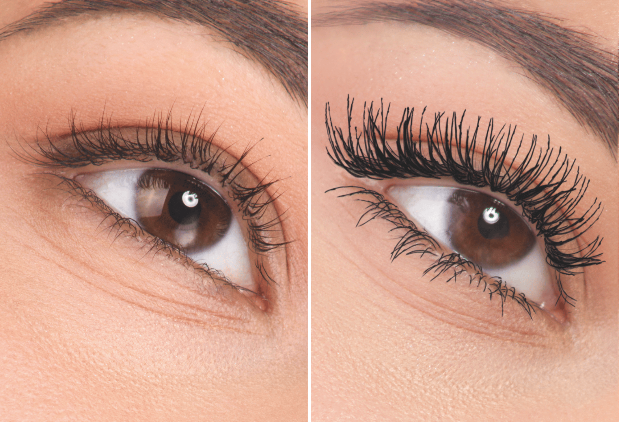 Nahaufnahme eines Auges vor und nach dem Auftragen von Mascara, links ohne Mascara, rechts mit Mascara.