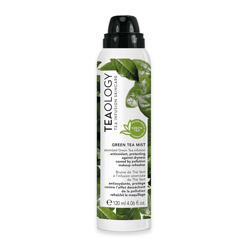 TEAOLOGY Green Tea Mist, 120 ml Flasche, antioxidativer Schutz, Make-up-Erfrischer, grünes Teeblatt-Design.