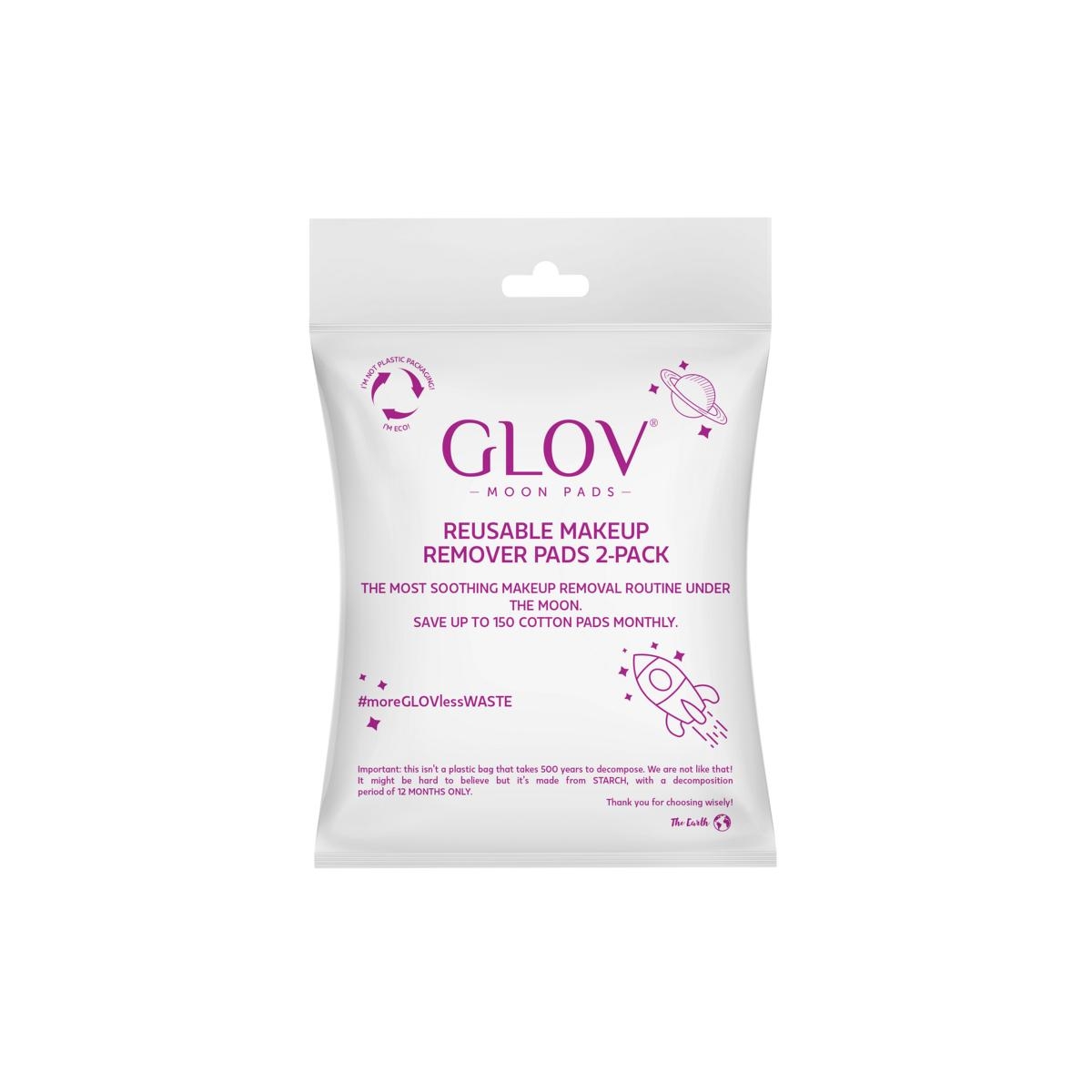 GLOV Moon Pads wiederverwendbare Abschminkpads 2er-Pack in weißer Verpackung mit lila Schrift und Symbolen.