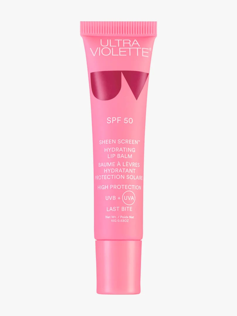 Rosa Lippenbalsam-Tube 'Ultra Violette Sheen Screen' mit SPF 50, 15g, auf weißem Hintergrund.