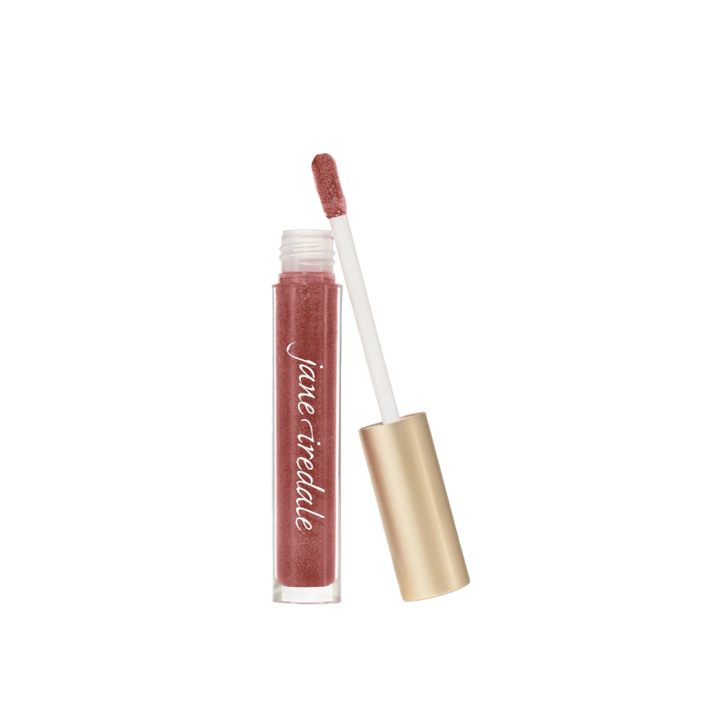HydroPure Hyaluronic Lip Gloss in Mocha Latte von Jane Iredale, geöffnet mit Applikator, auf weißem Hintergrund.