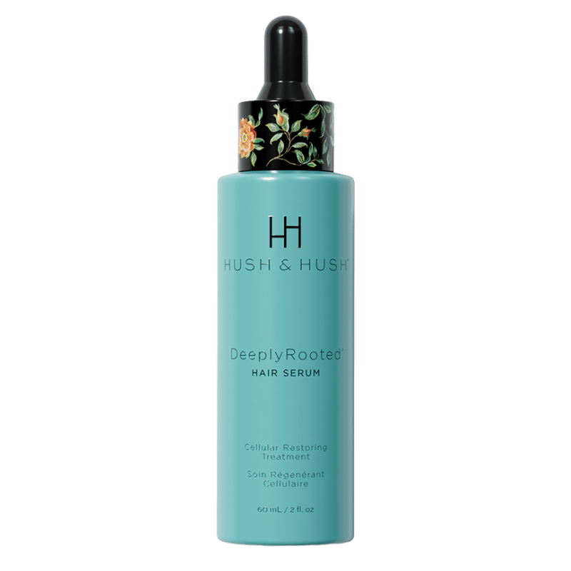 HUSH & HUSH DeeplyRooted Hair Serum, 60 ml, zellregenerierende Behandlung in türkisfarbener Flasche mit schwarzem Tropfverschluss.