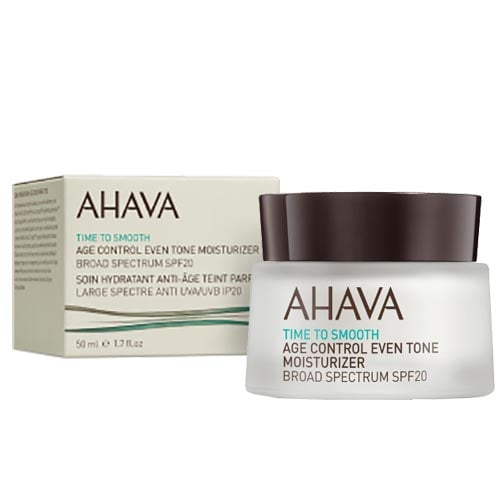 AHAVA Time to Smooth Age Control Even Tone Moisturizer SPF 20, 50 ml, in weißem Tiegel mit braunem Deckel und Verpackung.