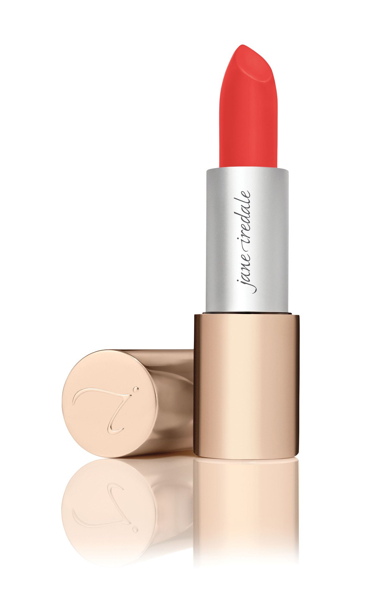 Jane Iredale Naturally Moist Lipstick in Ellen, geöffnet mit abgenommenem Deckel, auf weißem Hintergrund.