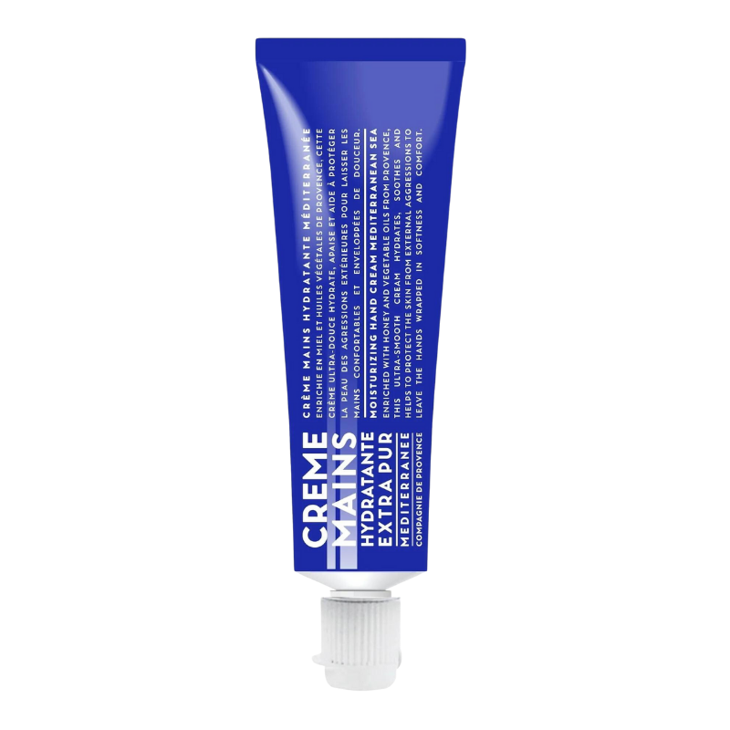 Blaue Tube mit Handcreme, 30 ml, mediterranes Meer, weiße Schrift auf der Tube.