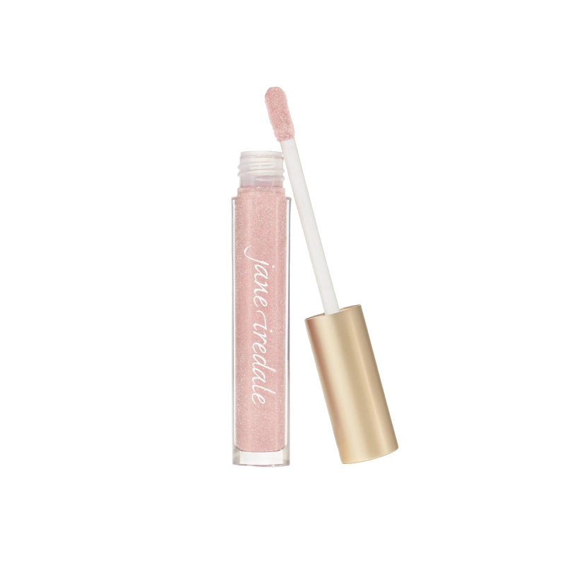 Jane Iredale HydroPure Hyaluronic Lip Gloss in Snow Berry, geöffnet mit Applikator und goldener Kappe.