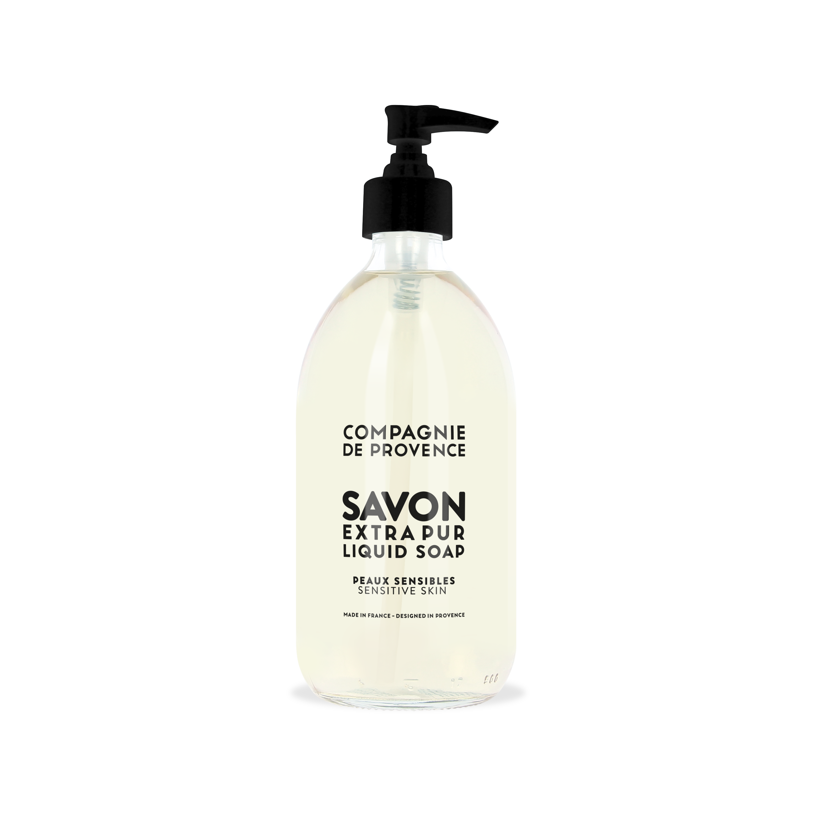 Flasche Compagnie de Provence Savon Extra Pur Flüssigseife für empfindliche Haut, 495 ml, mit Pumpspender.