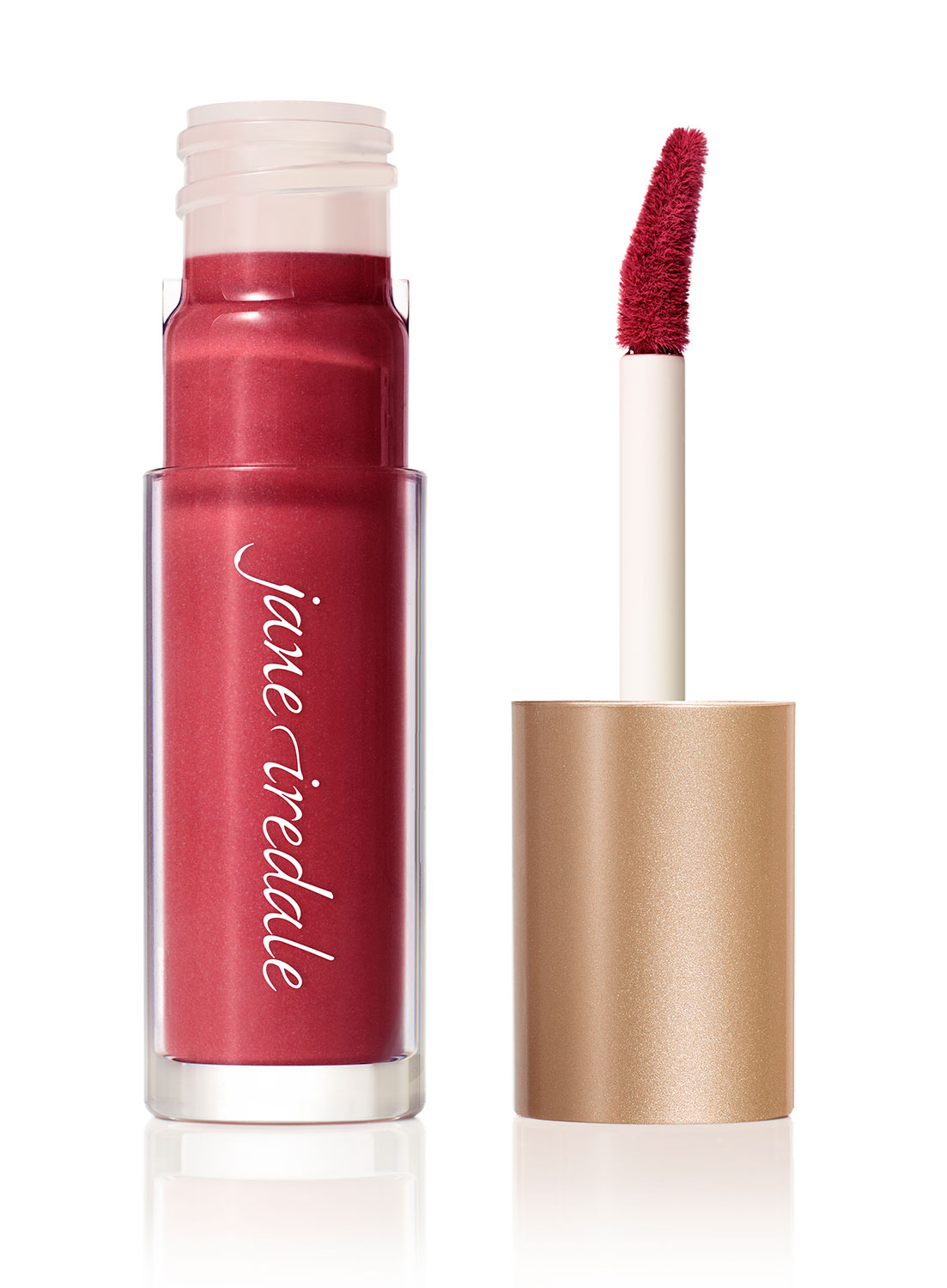 Roter Lippenstift mit Applikator von Jane Iredale, Produktbild auf weißem Hintergrund.