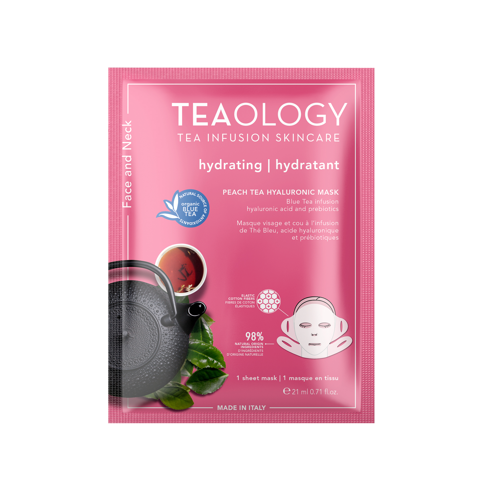 TEAOLOGY Peach Tea Hyaluronic Mask, feuchtigkeitsspendend, 1 Tuchmaske, 21 ml, rosa Verpackung mit Teekanne und Teeblättern.
