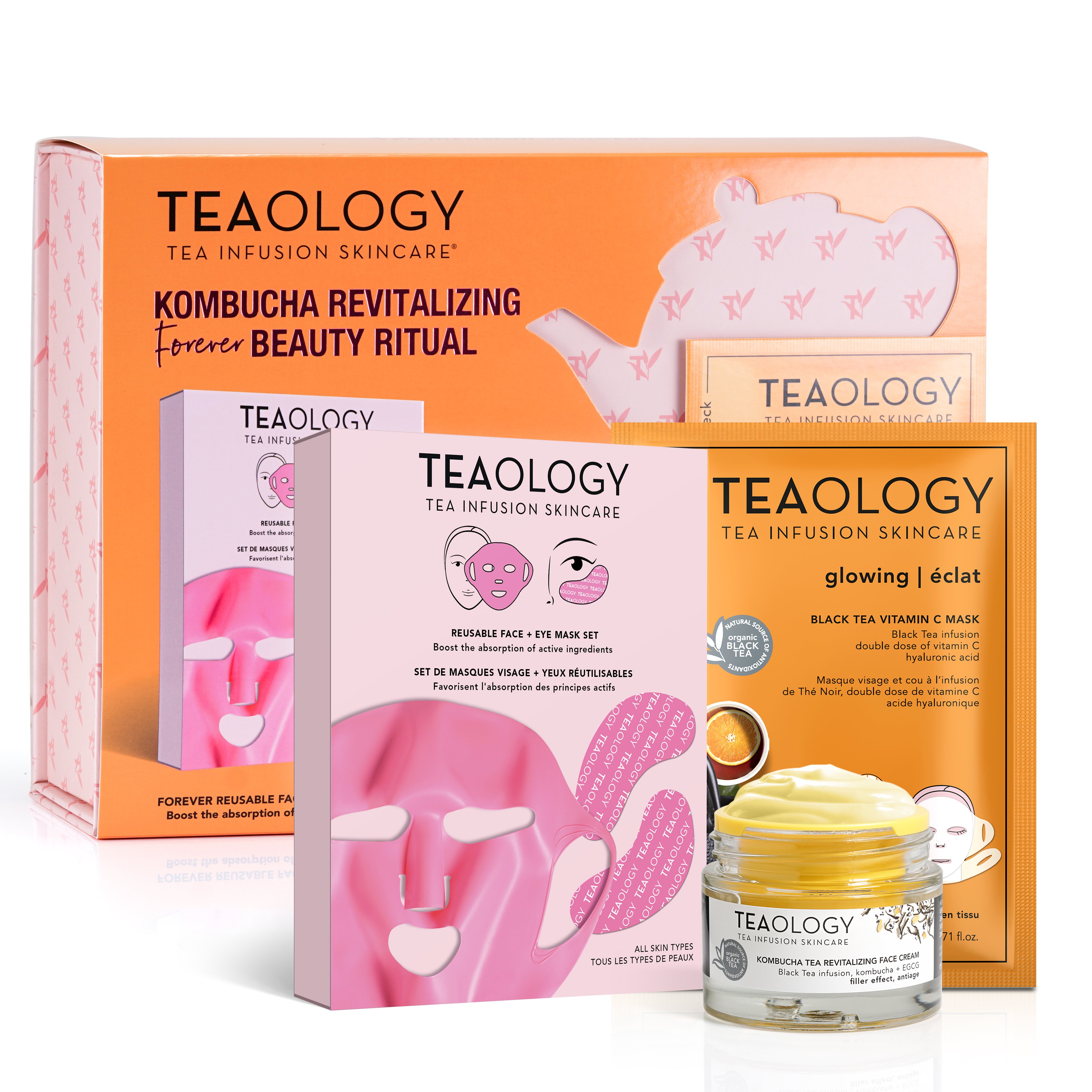 TEAOLOGY Kombucha Revitalizing Beauty Ritual Set mit Maske, Creme und Vitamin C-Serum vor weißem Hintergrund.