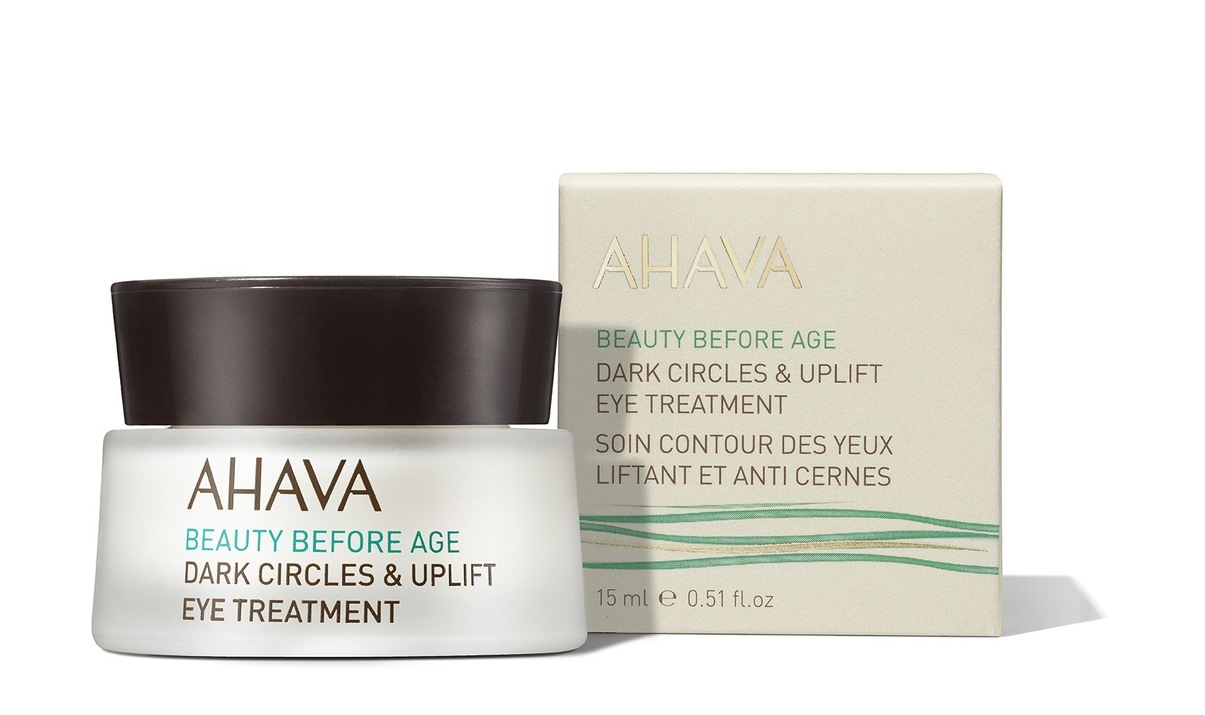 AHAVA Beauty Before Age Augencreme gegen Augenringe und Schwellungen, 15 ml, vor der Produktverpackung.