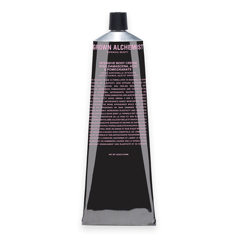 Grown Alchemist Intensive Body Cream 120 ml in einer silbernen Tube mit schwarzem Deckel und rosa Schrift.