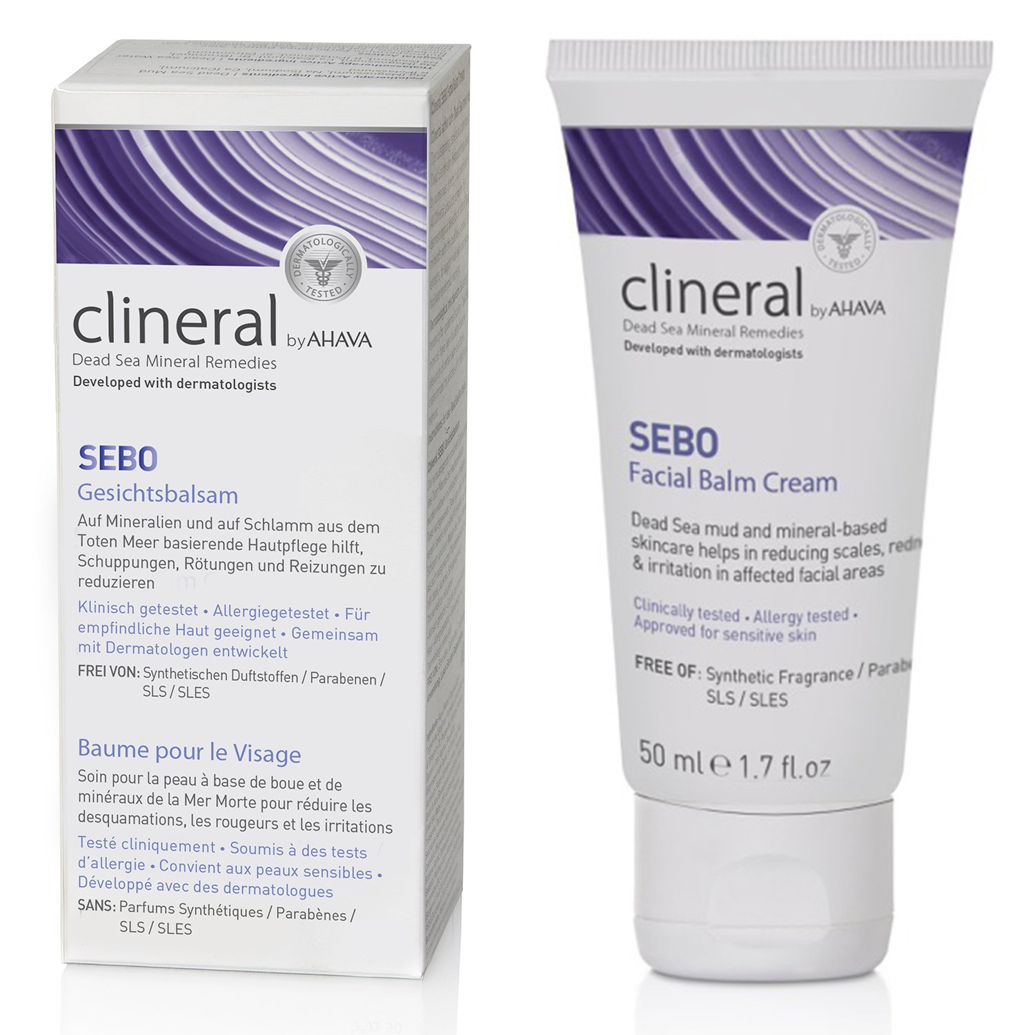 SEBO Gesichtsbalm-Creme von Clineral by AHAVA, 50 ml Tube und Verpackung, entwickelt mit Dermatologen, für empfindliche Haut.