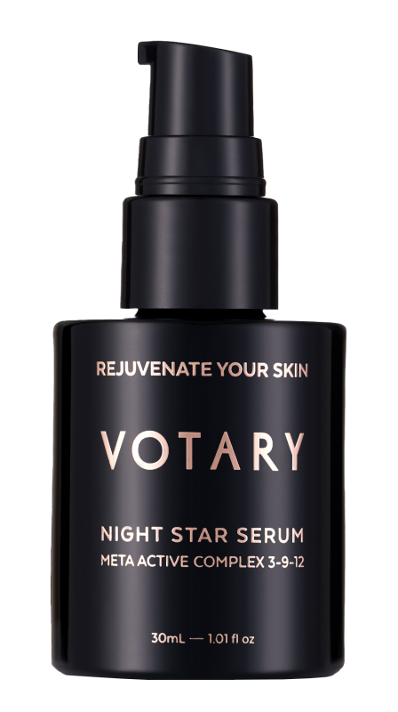Schwarze Flasche Votary Night Star Serum mit Meta Active Complex 3-9-12, 30ml. Text: 'Rejuvenate Your Skin'.